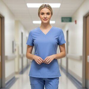 Zavate Studio Stretch Scrub Top XXS Ceil Blue V-Neck Moisture Wicking Medical
